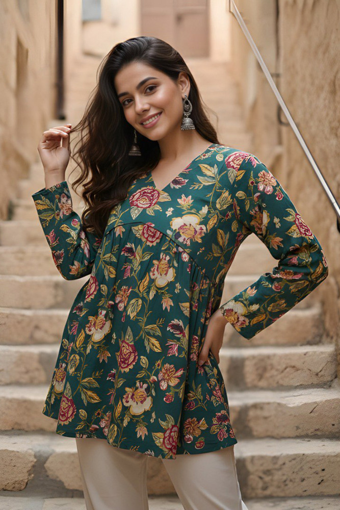 Fashionfricks Cgreen Flower Print Flared Tunic Top for Women